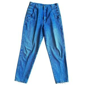 High-Rise Blue Denim Jeans with Side Button Detail